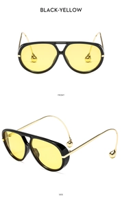 Detailed front and side view of pilot sunglasses with yellow lenses and metal ear tips