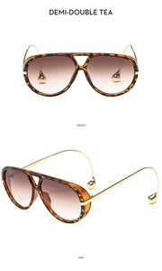 Front and side view of demi aviator sunglasses with gold temples and tea gradient lenses