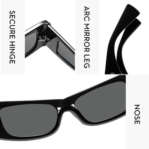 Detailed views of sturdy hinges, curved temples and nose pads on black square sunglasses