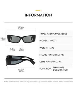 Detailed dimension guide for black rectangular sunglasses showing PC frame size specs