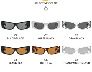 Matrix display of retro narrow sunglasses showing six distinct color variants on white