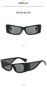 Detailed front and 45-degree side view of black rectangular thick frame sunglasses