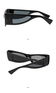 Side and back view of fashion square sunglasses featuring hollow-out temples in black
