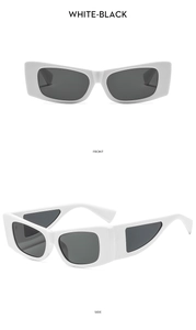 Front and side views of stylish white rectangular sunglasses with black lenses