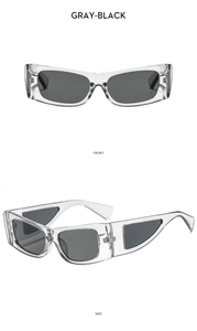 Front and side view of retro rectangular sunglasses with transparent frames and gray lenses