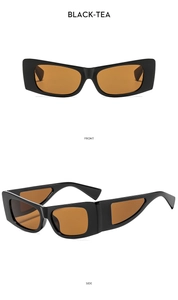 Detail view of rectangular black tea sunglasses with unique hollow triangle side temples