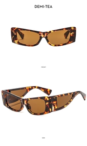 Detail view of demi-tea square sunglasses with tortoiseshell texture and hollow frame