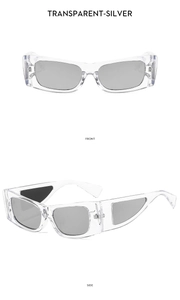 Front and side views of stylish square sunglasses with transparent frames and silver lenses