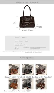 Detail view of large dark brown PU leather tote with multiple pockets and a dog charm