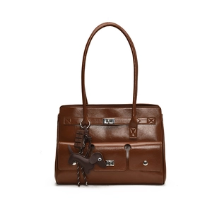 Classic dark brown vintage commuter tote bag in faux leather with dog charm