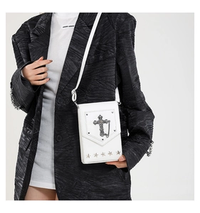 Korean style white crossbody bag with metal cross charm and star studs for women