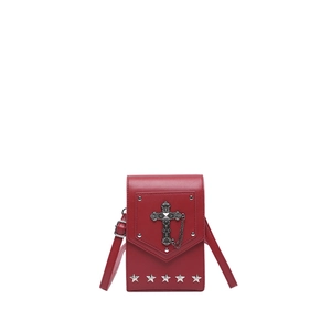 Vintage red crossbody bag with gothic silver cross, star studs and adjustable strap