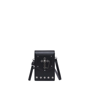 Detail shot of black gothic cross mini shoulder bag with metal star studs and chain strap.