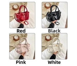 Collage of chic pleated leather handbags in red, black, pink, and off-white colors