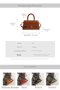 Detailed size chart and four-color display of retro PU leather top-handle satchel bag