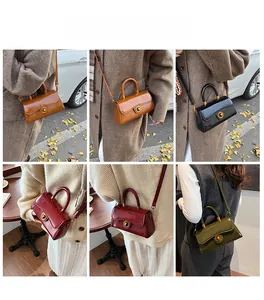 Collage of leather crossbody bags in autumn colors showing styling options for women