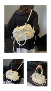 Detailed views of creamy white leather backpack being worn as a stylish shoulder bag