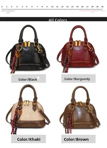 Detail view of four Boston bags in black, wine red, khaki and coffee with heart charms