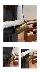 Detailed close-up and lifestyle view of dark green glossy leather crossbody bag with logo
