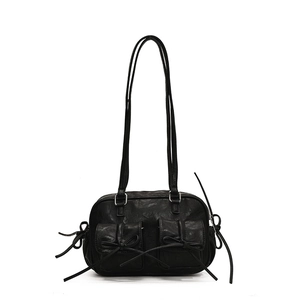 Large black vintage Boston bag with bow knots and utility pockets for women