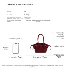Detailed size comparison of dark red pleated PU shoulder bag with dimensions and phone scale