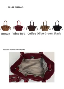 Detail view of inner herringbone lining and multiple color options for this bucket bag