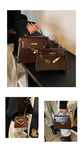 Sac à main bandoulière rétro marron brillant en cuir PU poignée supérieure Kelly vintage