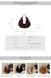 Spécifications de taille pour grand sac hobo en suédine avec quatre options de couleur