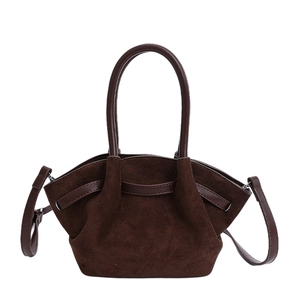 Dark brown suede basket handbag with pleated design and smooth leather dual handles
