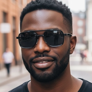 Men's double bridge aviator sunglasses with black matte frames and dark lenses