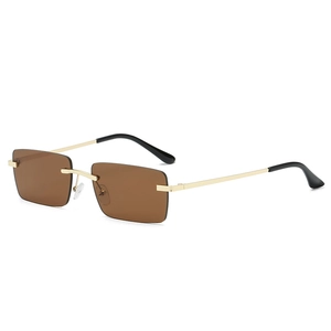 Frameless rectangular vintage sunglasses with brown gradient lenses and gold metal temples