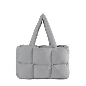 Chic grey quilted puffer tote bag with large capacity and soft padded handles