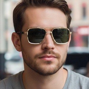 Men's double-bridge aviator sunglasses with gold metal frame and dark green lenses
