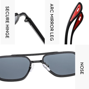 Detail view of reinforced hinges and non-slip temples on aviator sunglasses