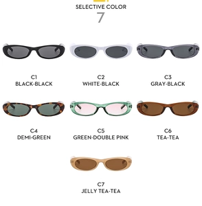 Selective color grid of seven retro oval sunglasses in black, white, and demi finishes