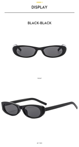 Front and 45-degree side views of vintage black oval frame sunglasses with dark lenses