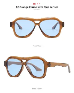 Front- und Seitenansicht der bernsteinfarbenen Y2K-Sportsonnenbrille mit hellblauen Gläsern