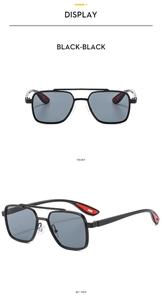 Front and 45-degree side view of black double bridge aviator sunglasses with red tip details