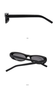 Side and back view of retro oval sunglasses with glossy black plastic frame details