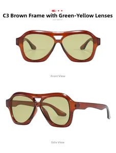 Detailansicht der teebraunen Y2K-Sonnenbrille mit gelben Gläsern von vorne und der Seite