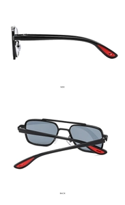 Side and back view of pilot sunglasses with double bridge and red temple tips