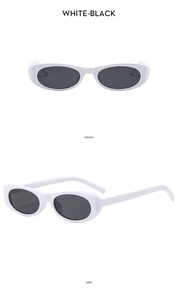 Front and side views of vintage small oval white frame sunglasses with black lenses