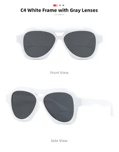 Frontal- und Seitenansicht der weißen klobigen Y2K-Sonnenbrille mit dunkelgrauen Gläsern
