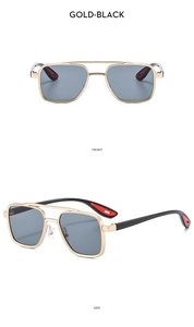 Close-up of gold-black double bridge aviator sunglasses featuring premium metal frames
