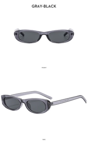 Detailed front and side views of oval gray-black sunglasses with frame specifications