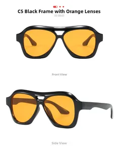 Detailansicht der C5 Y2K Sportsonnenbrille mit schwarzem Rahmen und orangefarbenen Gläsern