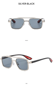 Front and side macro views of men's double bridge aviator sunglasses in silver-black
