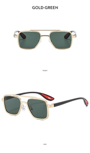 Front and side views of gold double-bridge pilot sunglasses with green lenses