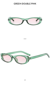 Detailed front and side views of vintage narrow green resin sunglasses with pink lenses
