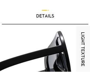 Detail view of glossy black oversized sunglasses hinge showing light texture and quality